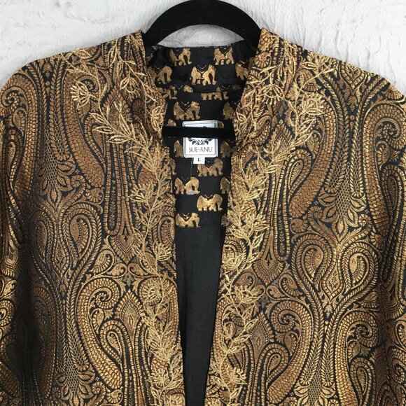 Sue.Anu Jacket Womens Large Black Gold Elephants Silk Hand Stamped Sartor Lal - Picture 5 of 16